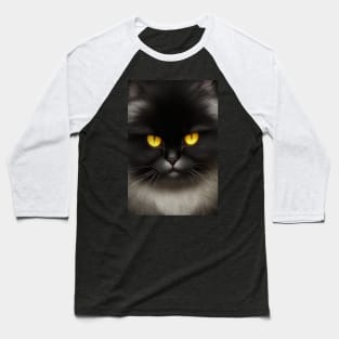 Portrait of Angry Fluffy Black Persian Cat Face Baseball T-Shirt